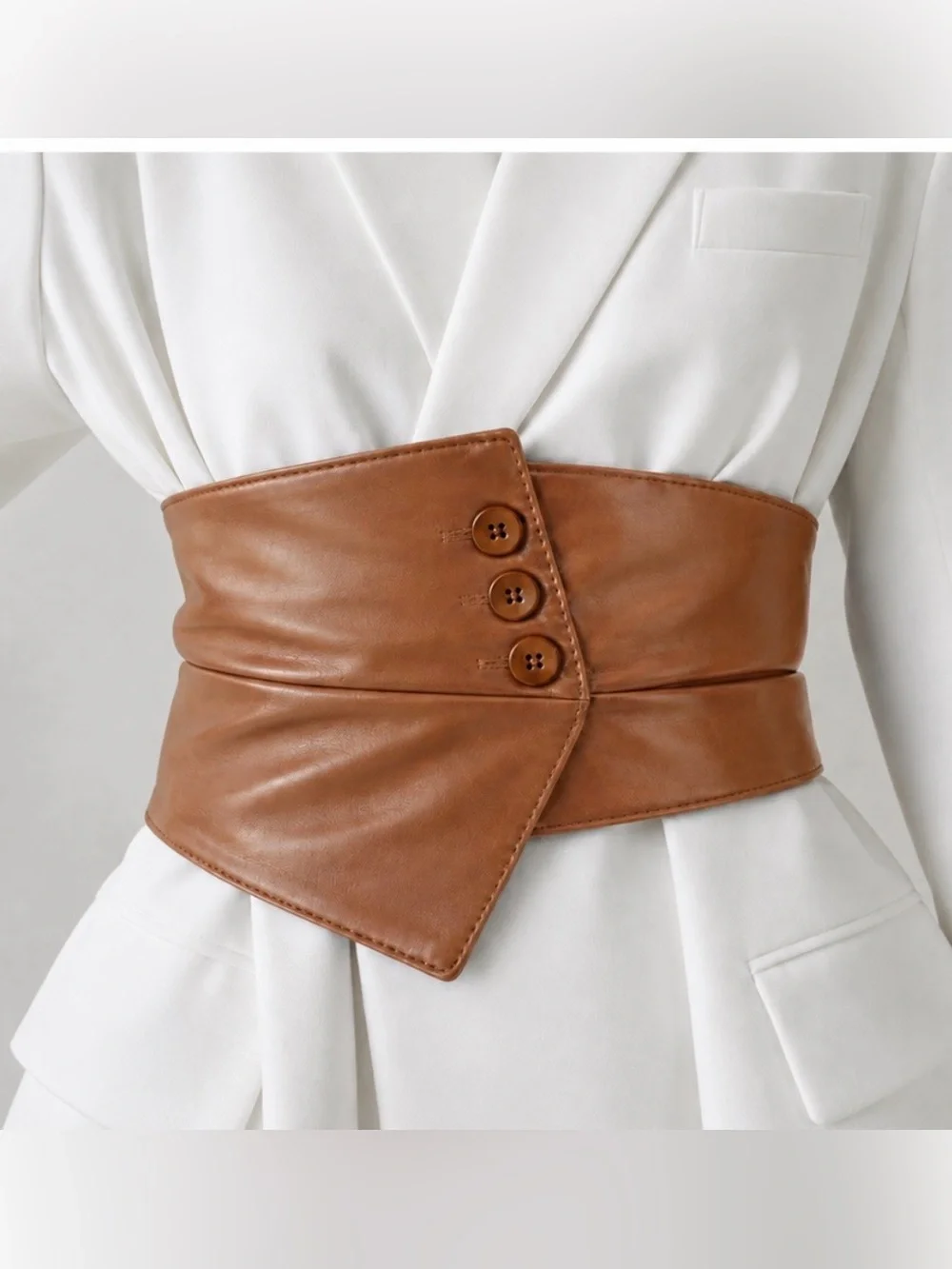 Vegan Leather Wide Corset Assymetrical Belt in Light Brown
